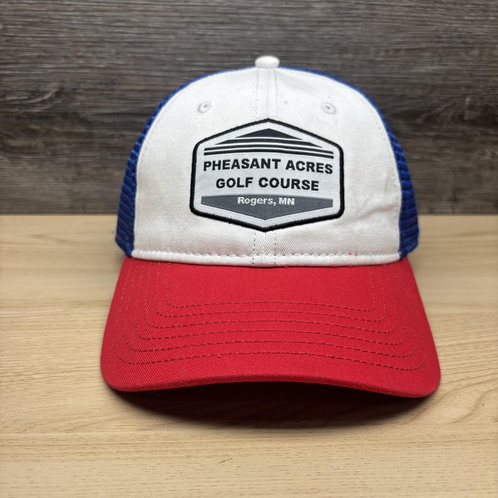 Pheasant Acres Golf Hat Cap Snap Back Trucker Mens OSFA Red American Dry Goods
